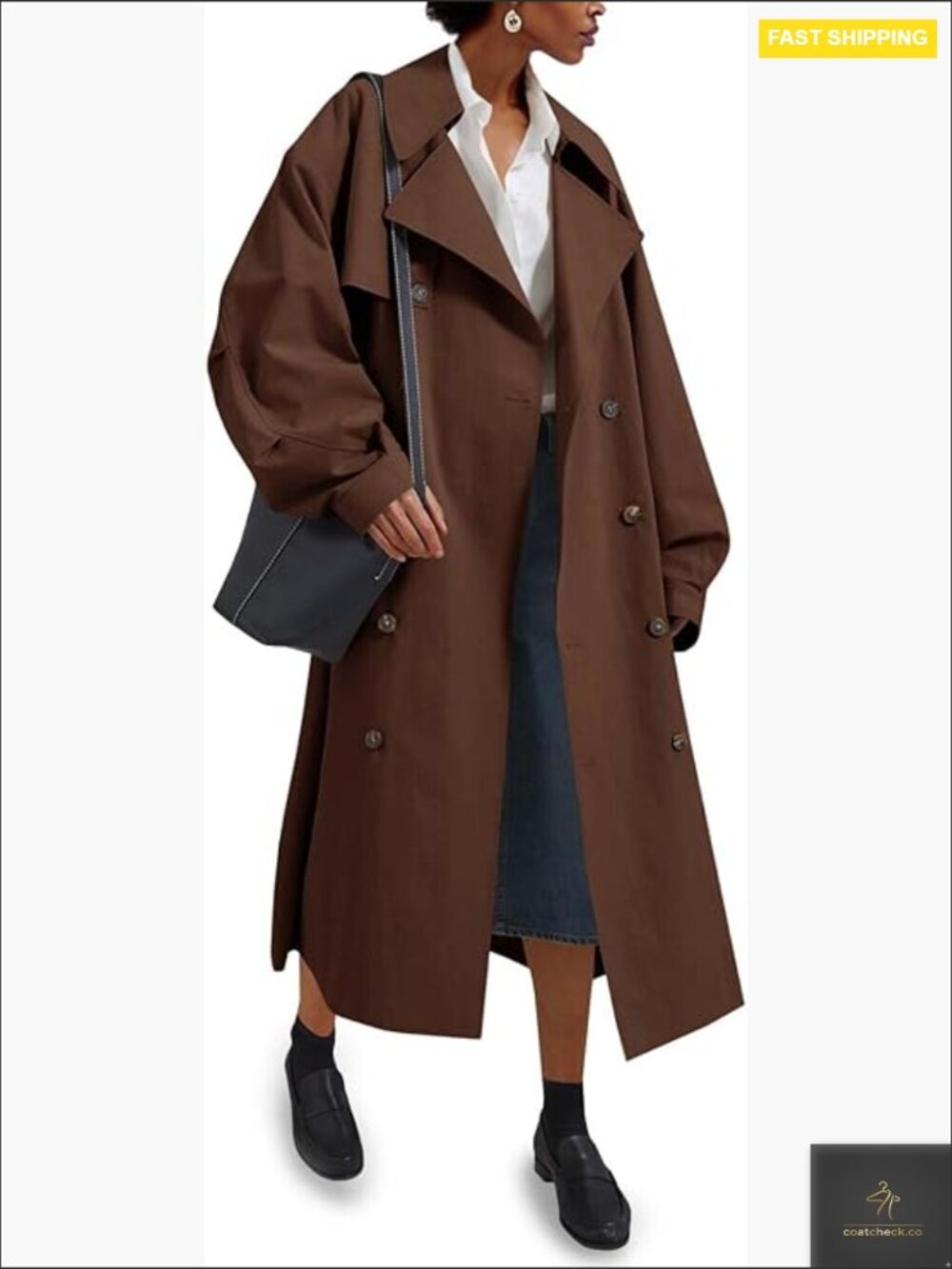 Oversized Double Breasted Trench Coat Classic Lapel Belted Overcoat Chic